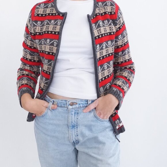 Vintage Liz Claiborne Grey Knit 10% Wool w Red Design Zip Up Cardigan Sweater S - Picture 2 of 10